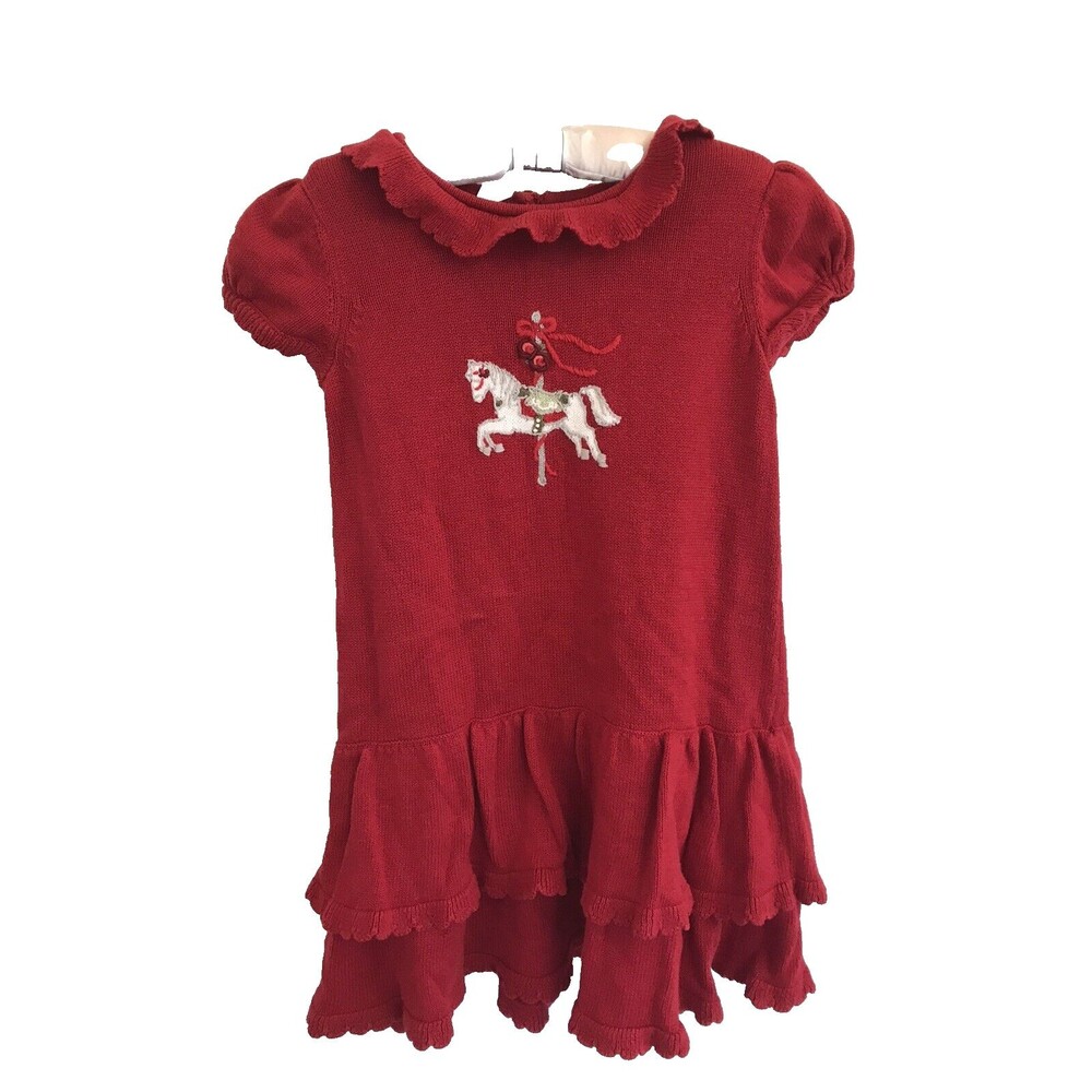 Janie and Jack Girls Sweater Dress 2T Red Knit Christmas Carousel Short Sleeve